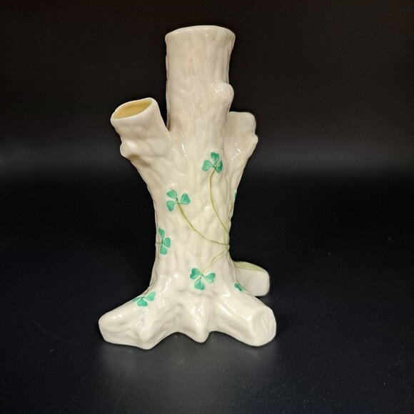 Belleek Irish Porcelain Shamrock Tree Stump Bud Vase Vintage Green Stamp - Picture 5 of 15